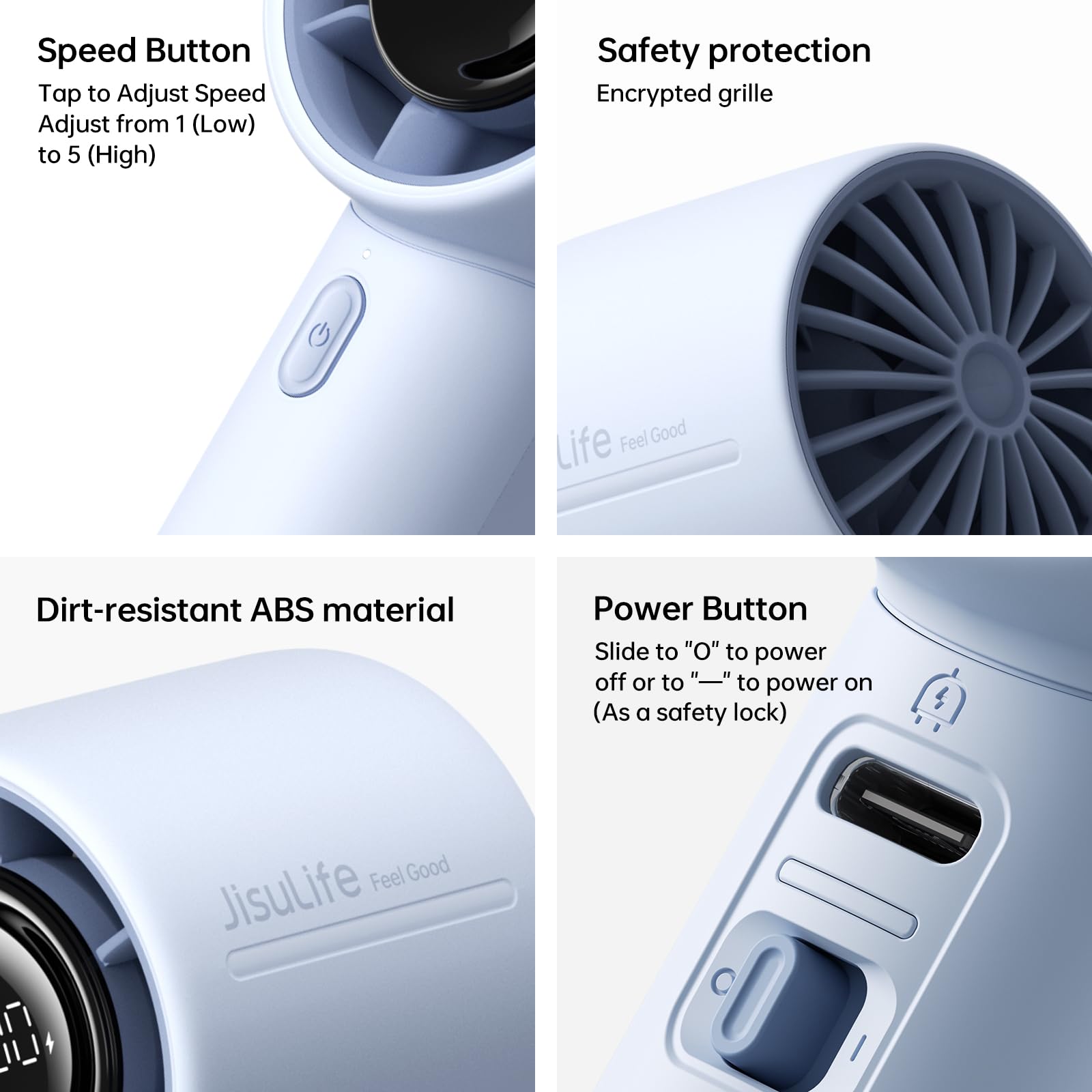 JISULIFE Handheld Fan quiet airflow ideal for travel or work.