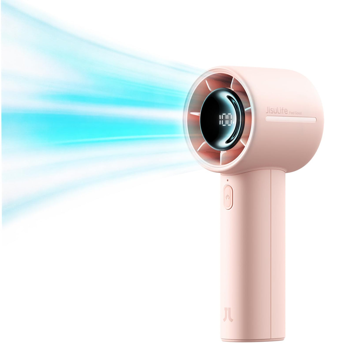 JISULIFE Life10s pink handheld turbo fan shown in travel use for cooling on the go