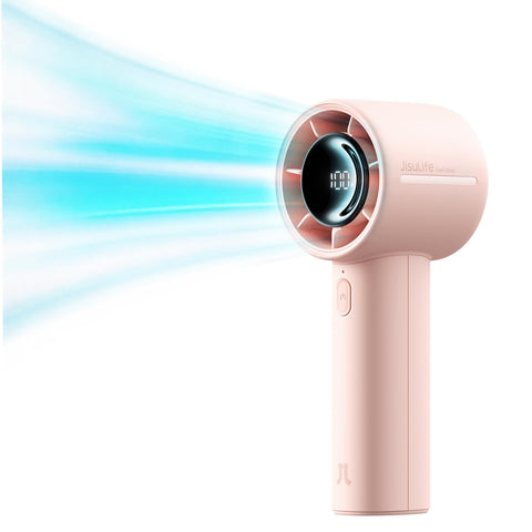 JISULIFE Life10s pink handheld turbo fan shown in travel use for cooling on the go