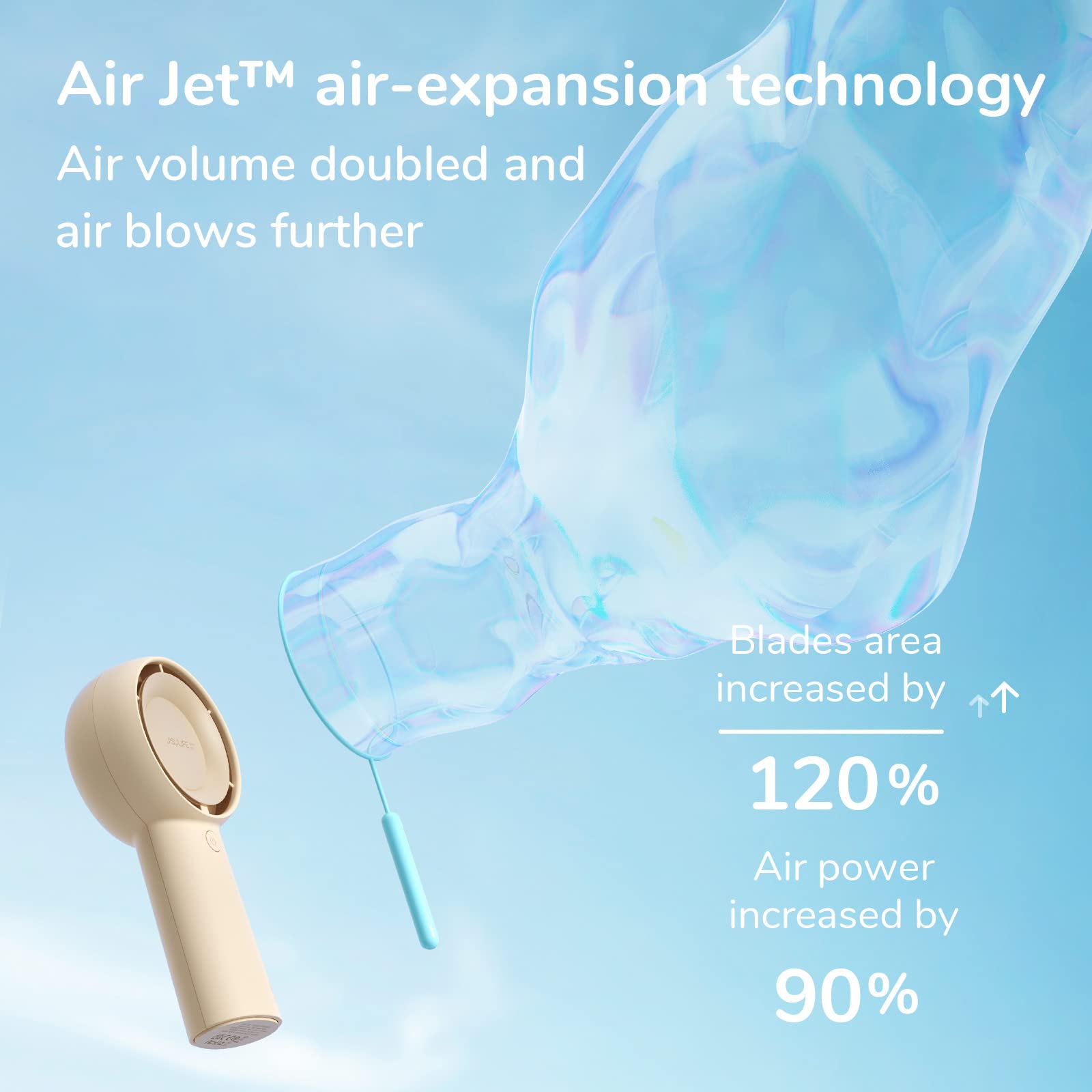 JISULIFE handheld turbo fan side view emphasizes ergonomic grip and portability.