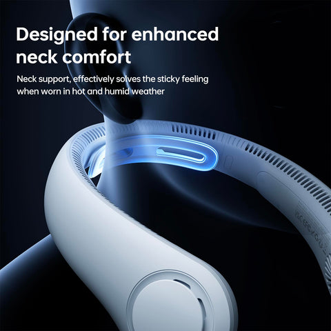 JISULIFE neck fan shows 5-speed controls for customizable cooling.