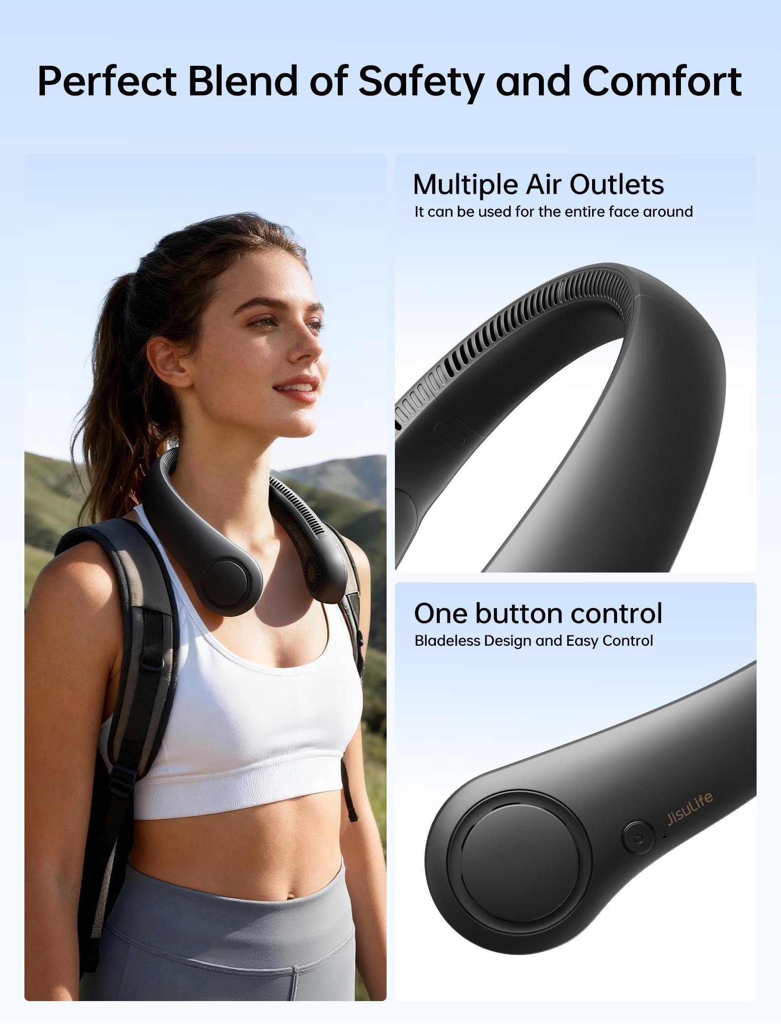 JISULIFE neck fan offering five adjustable speeds for personalized airflow