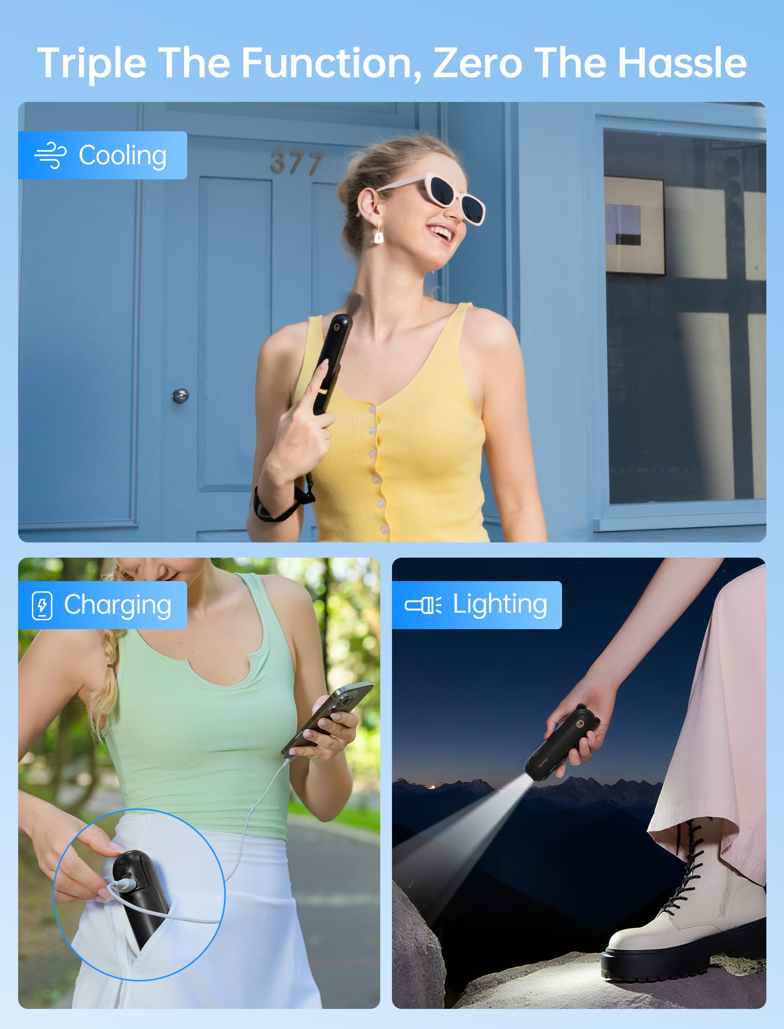JISULIFE pocket fan demonstrates 3-in-1 versatility for travel.