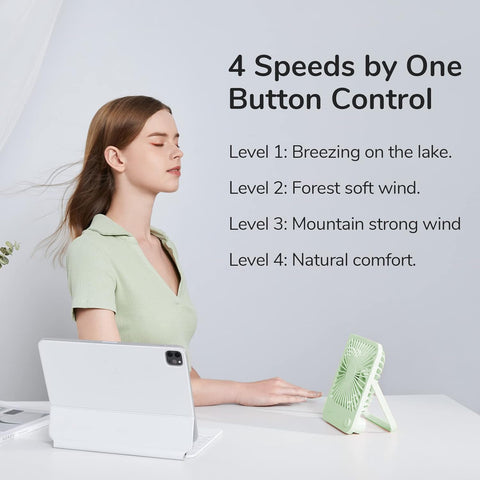 JISULIFE portable fan offering four speeds for personalized cooling anywhere.