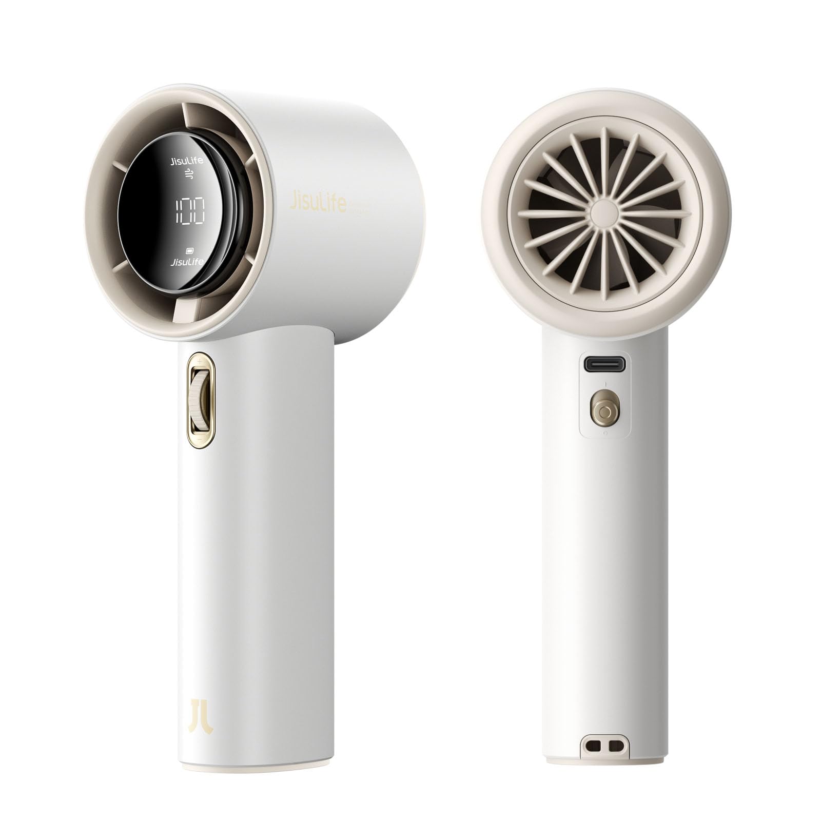JISULIFE portable fan front view with digital display and wind speed readout.