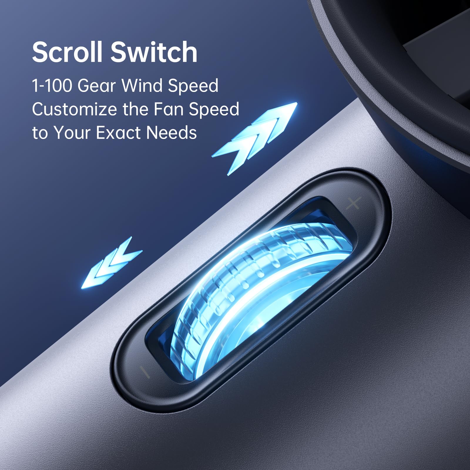 JISULIFE portable fan scroll switch enables stepless speed adjustment