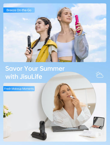 JISULIFE travel-friendly fan fits in a bag for concerts and outdoor use.