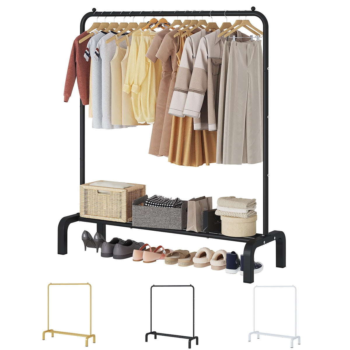 JIUYOTREE metal garment rack front view shows sturdy steel frame for durable wardrobe storage