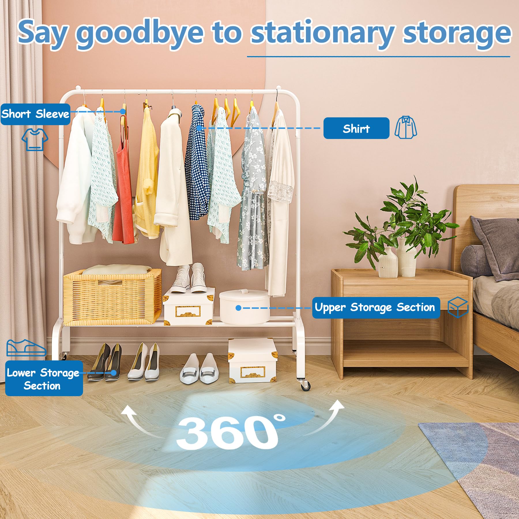 JIUYOTREE garment rack bottom shelf for organized shoe storage and display.