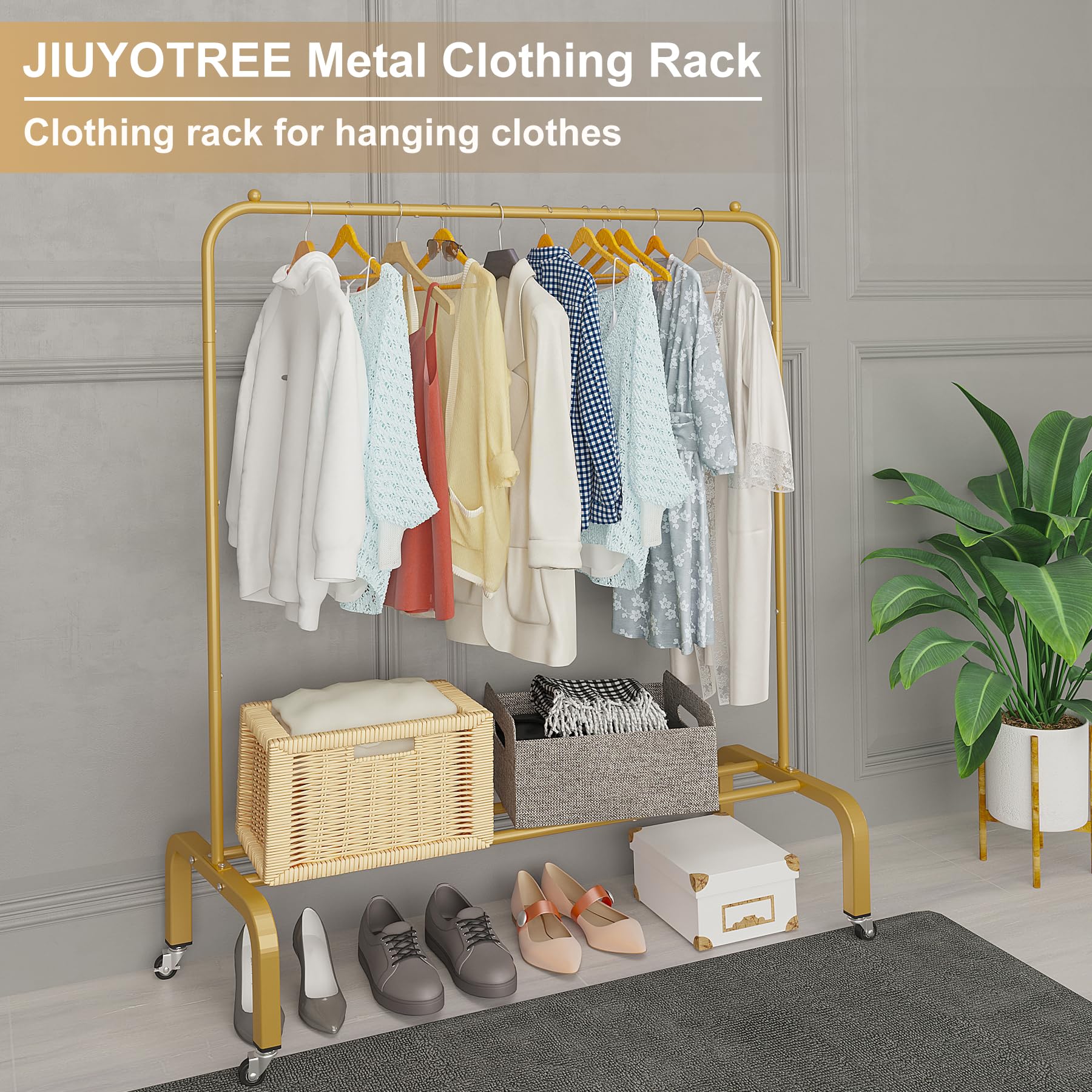 JIUYOTREE gold-finish clothing rack, top-right angle view, adds stylish storage for boutique spaces.