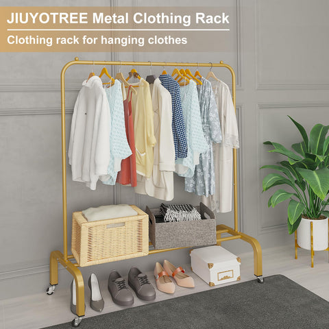 JIUYOTREE gold-finish clothing rack, top-right angle view, adds stylish storage for boutique spaces.