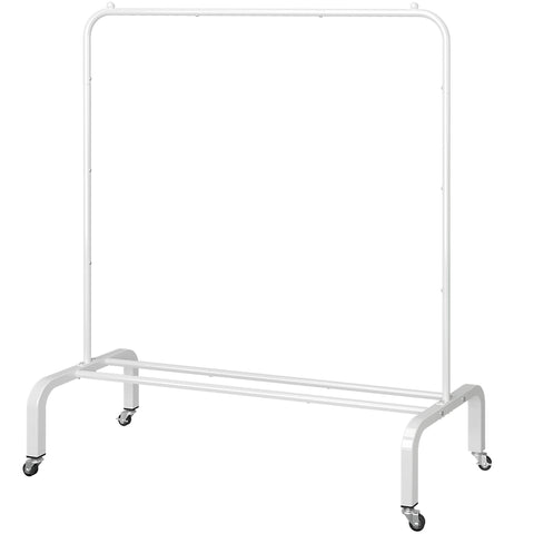 JIUYOTREE metal clothes rack with wheels for easy repositioning in any room.