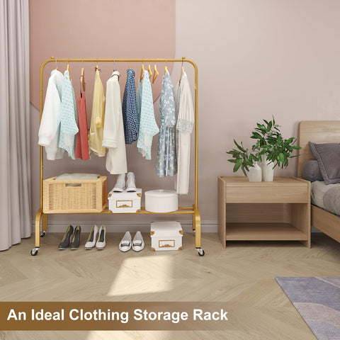 JIUYOTREE rolling garment rack bottom shelf, showcasing extra shoe storage for organized entryways.
