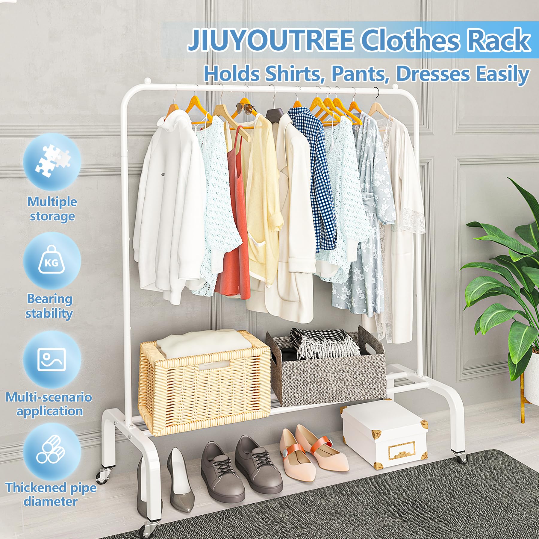JIUYOTREE steel garment rack designed for durability in busy spaces.