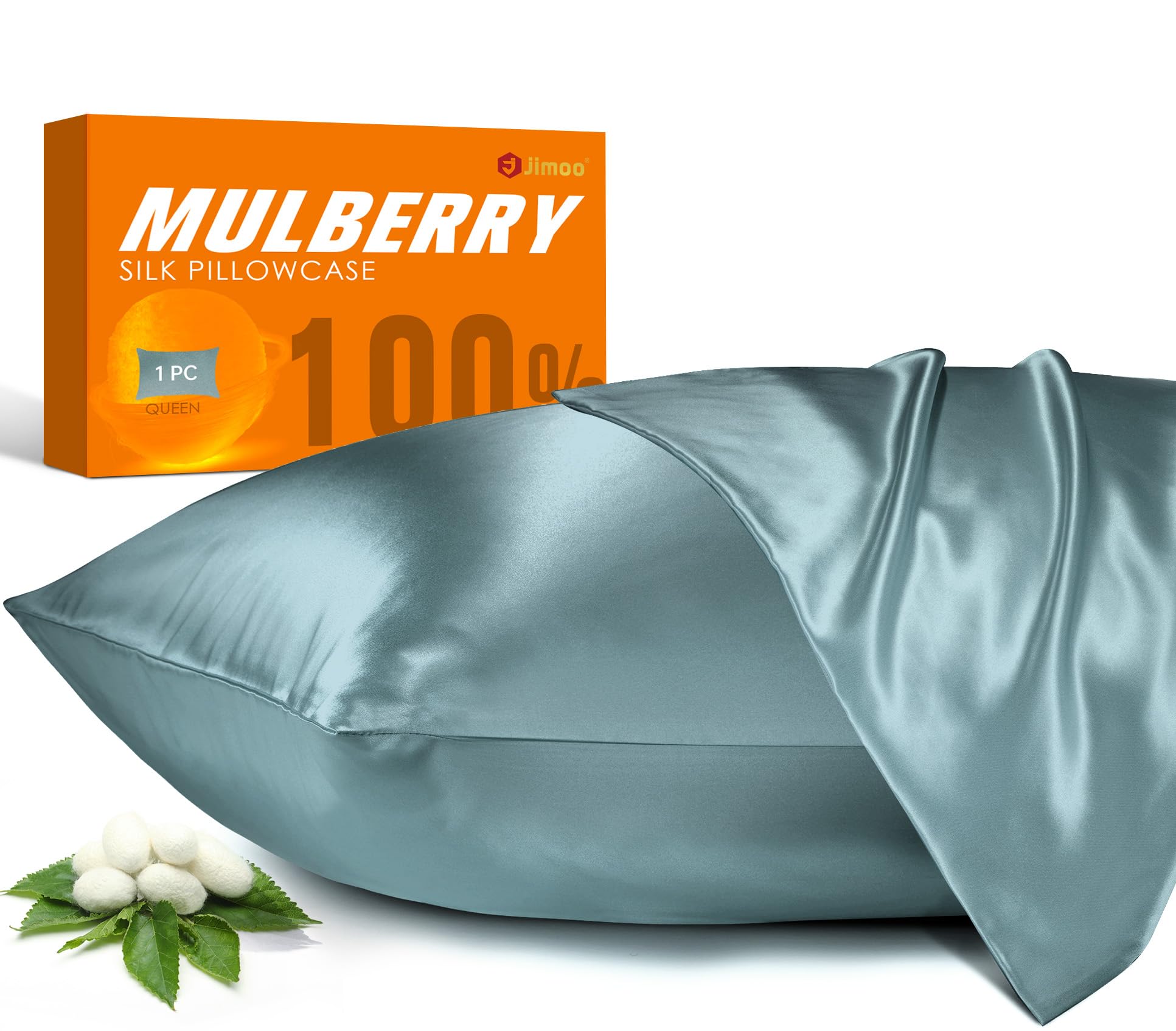 JJIMOO 100% Mulberry silk pillowcase in airy blue with smooth, skin-friendly texture.