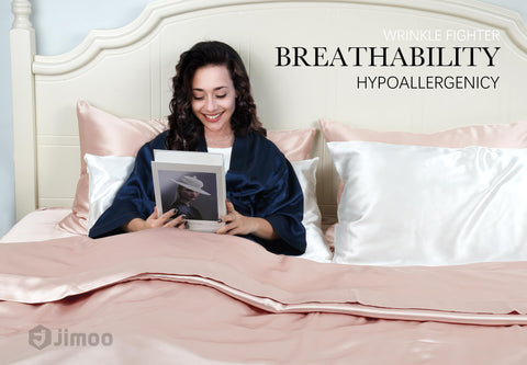 J JIMOO light-pink silk pillowcase for restful sleep routine.