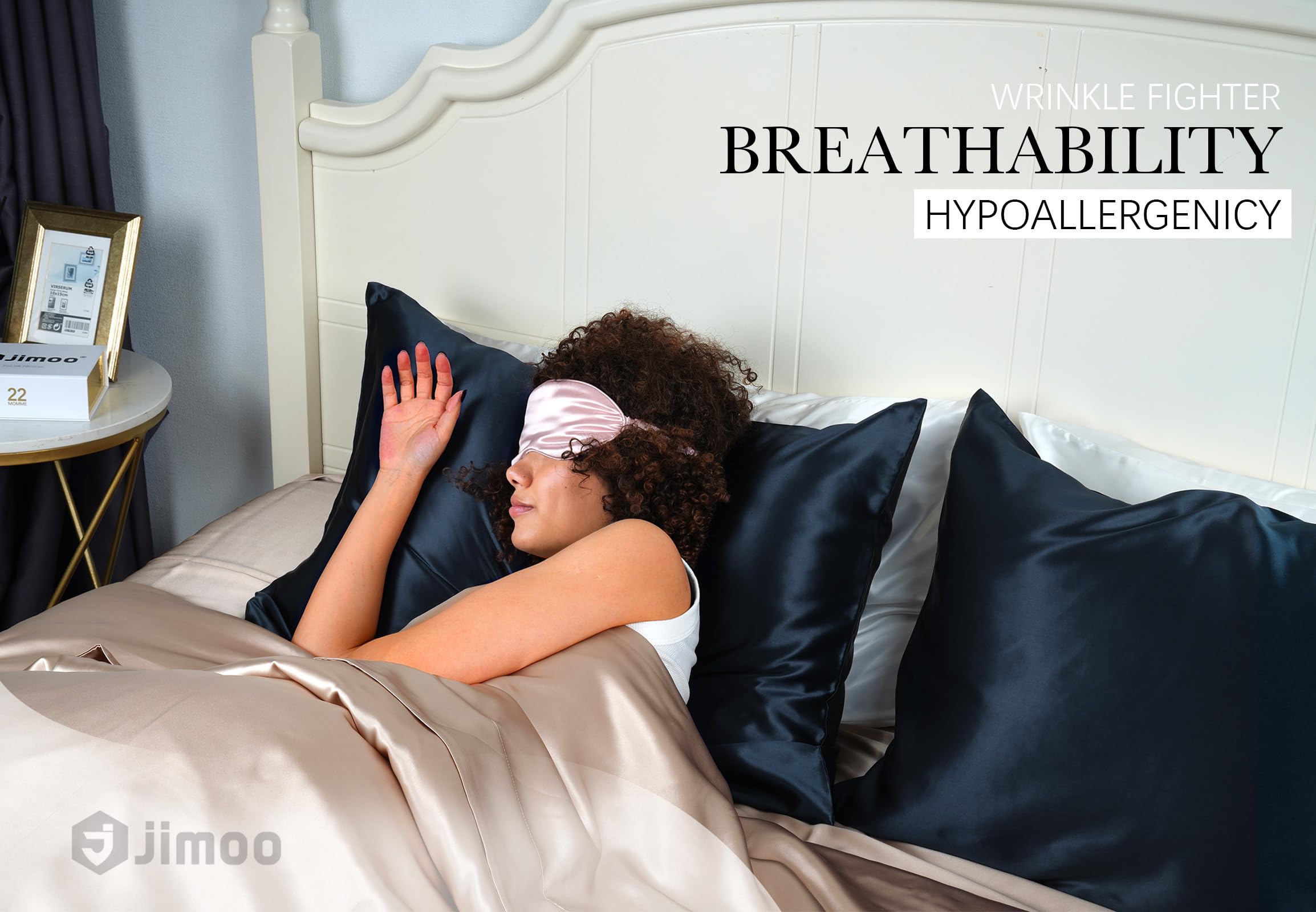 JJIMOO silk pillowcase on bed highlighting hair-care benefits.