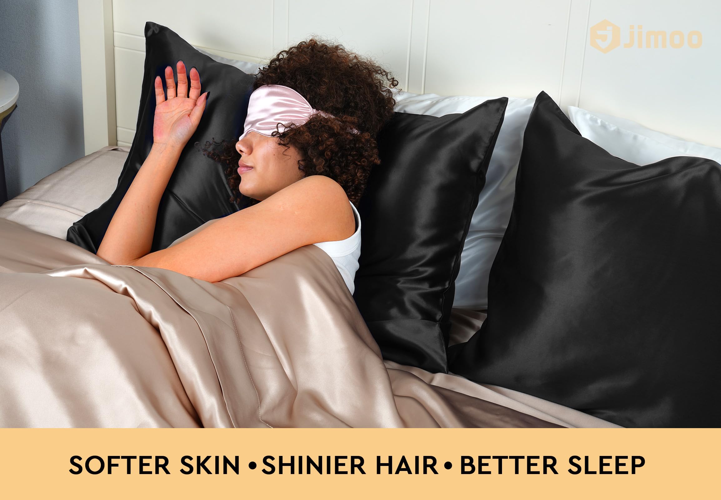 JJIMOO silk pillowcase in black packaging underscores luxury and care