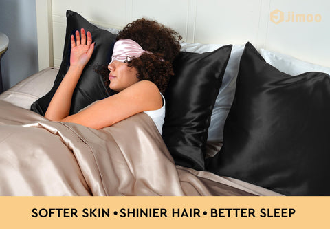 JJIMOO silk pillowcase in black packaging underscores luxury and care