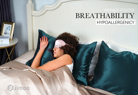 JJIMOO silk pillowcase close-up stitching highlights durable seam and quality finish.