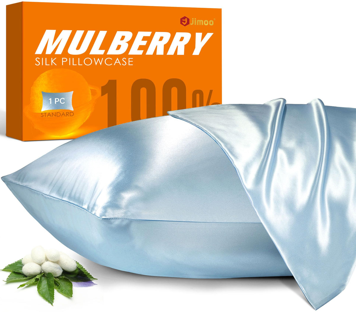 J JIMOO silk pillowcase in light blue front view offers a smooth sleep surface.