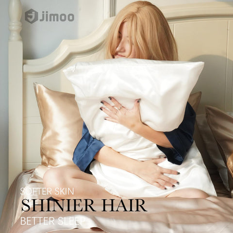 JJIMOO silk pillowcase on a white bed shows queen-size fit