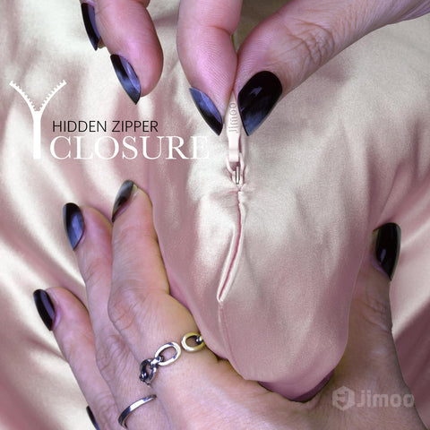J JIMOO silk pillowcase on bed with silky sheen.
