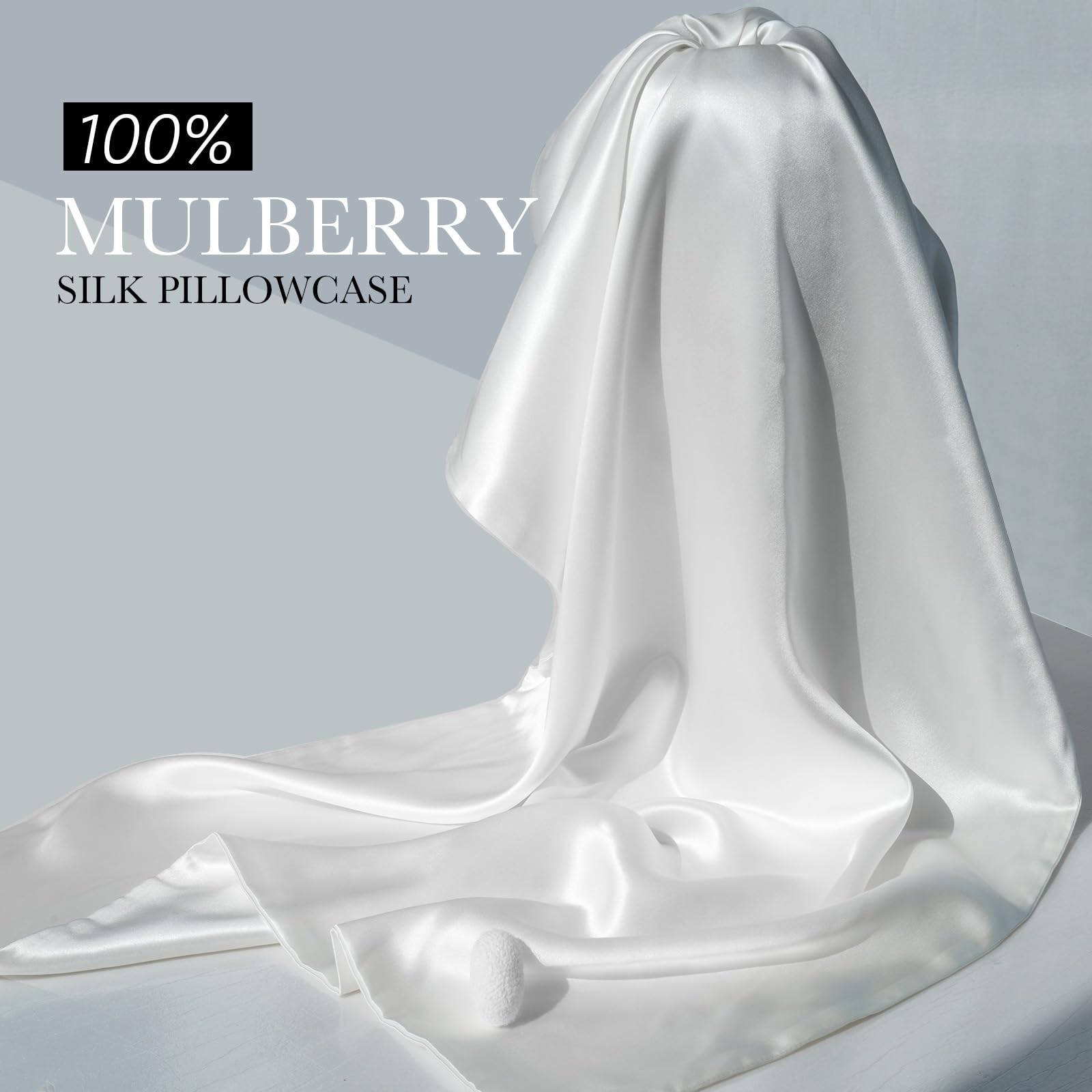 JJIMOO silk pillowcase on white bed showing luxurious, cool touch