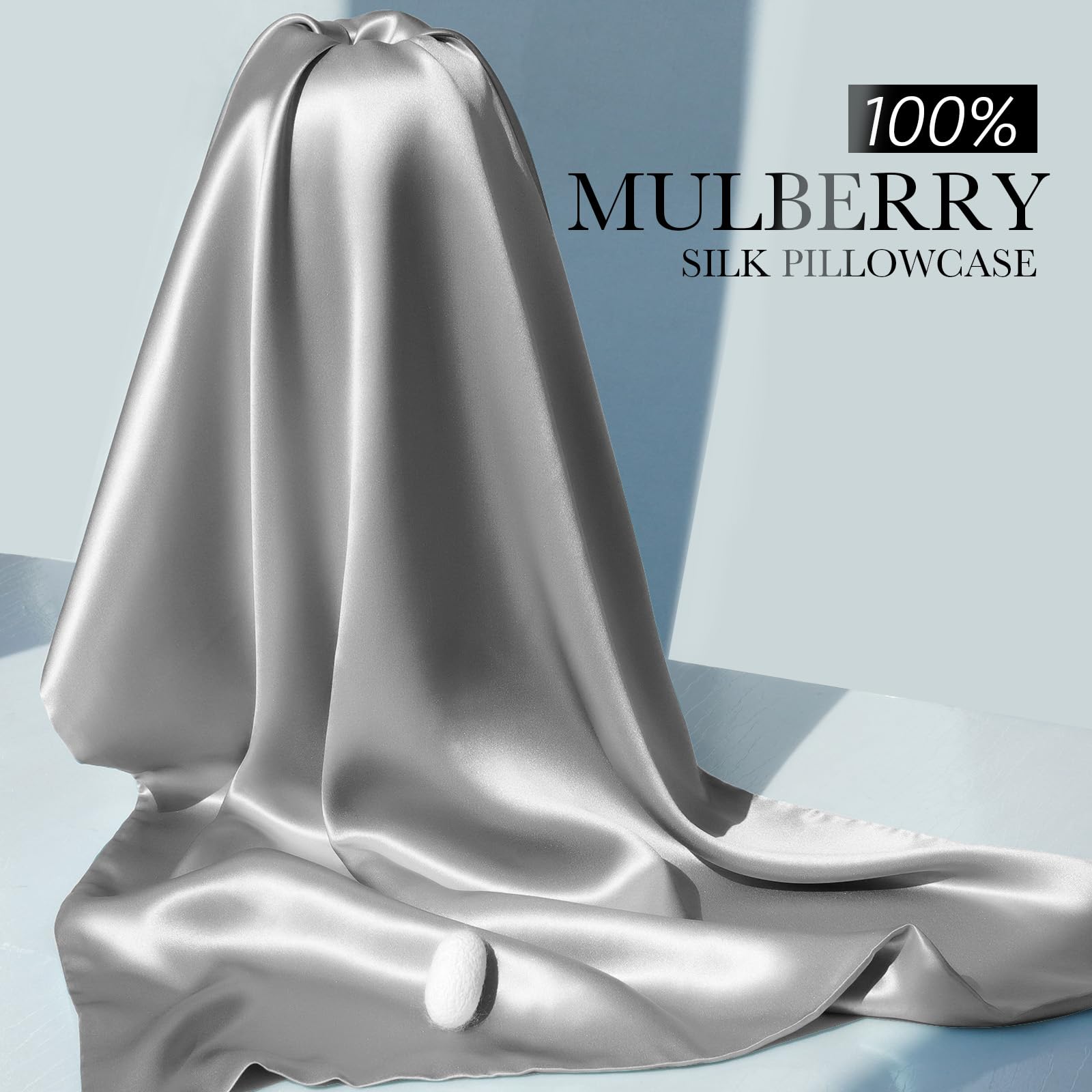 JJIMOO silver grey silk pillowcase displayed on a contemporary bed.