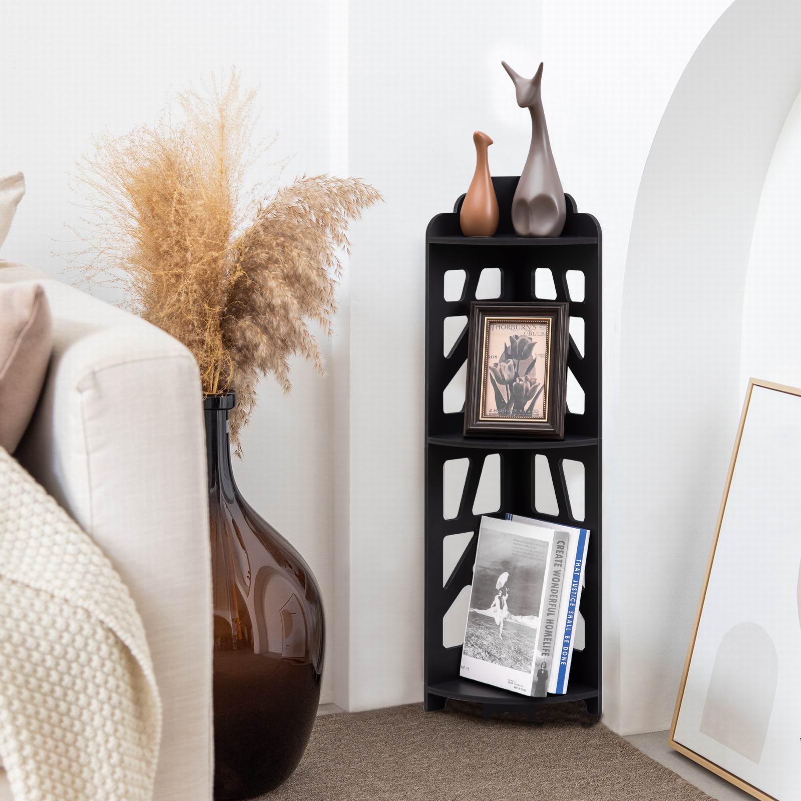 J JINXIAMU 3-tier corner shelf showcasing compact storage between walls.