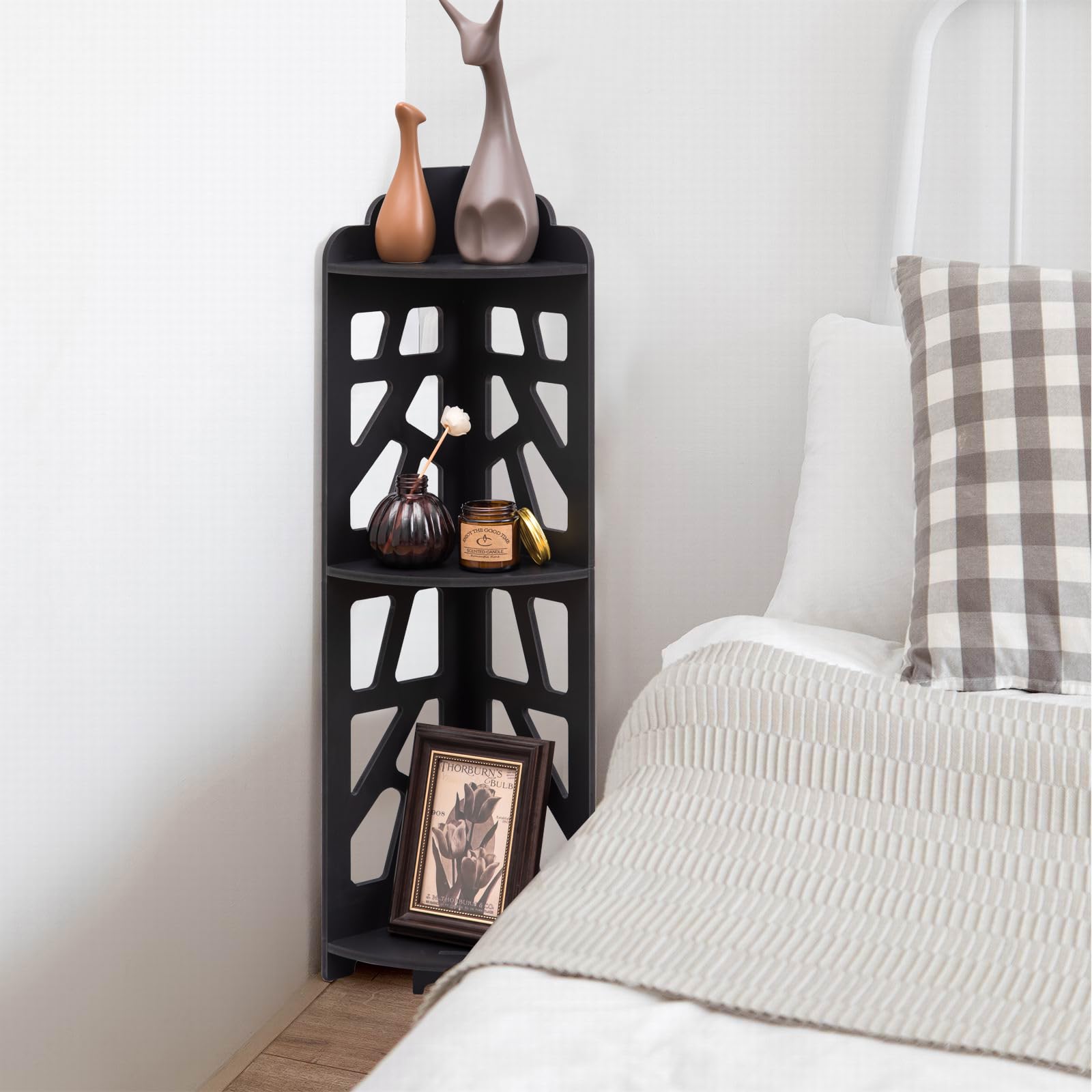 J JINXIAMU PVC corner shelf fits small bedrooms with easy assembly.