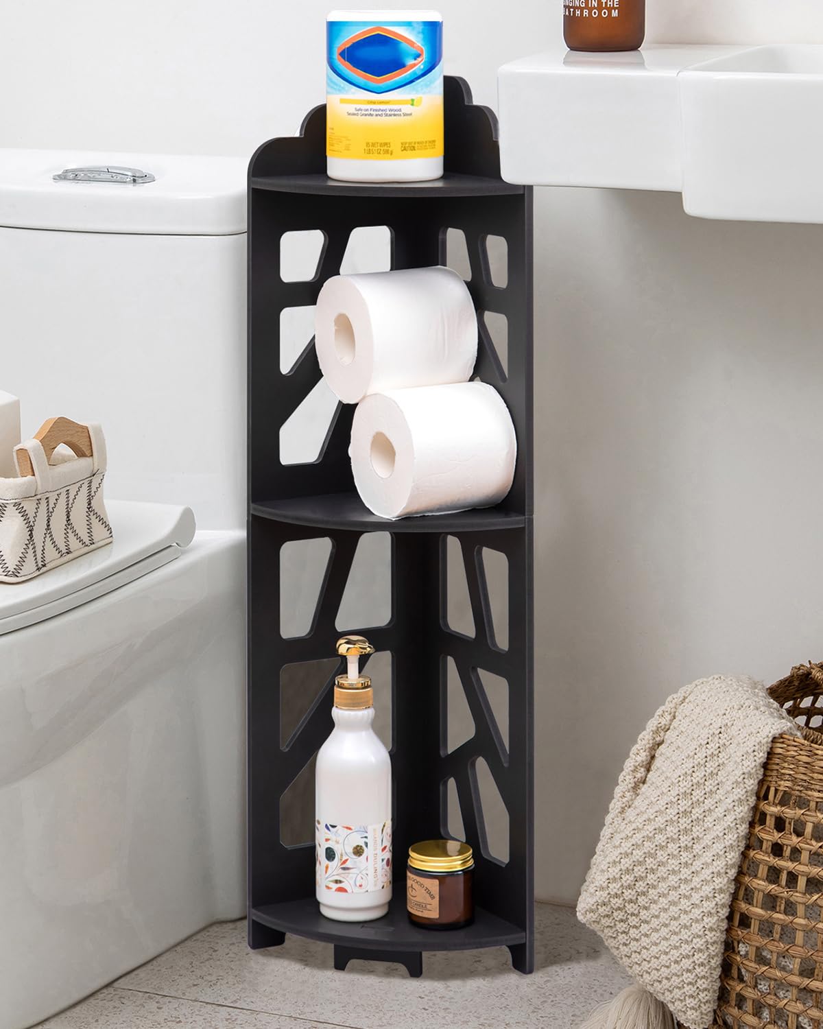 J JINXIAMU corner shelf stand in bathroom showing waterproof, space-saving design.