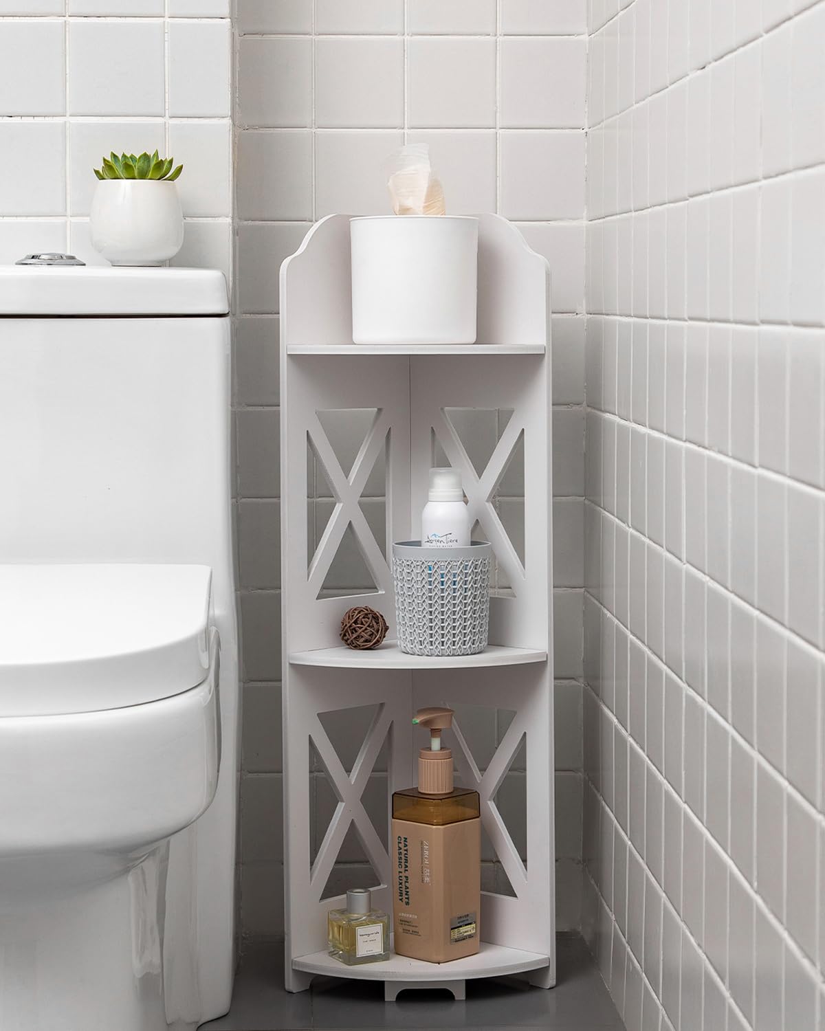 J Jinxiamu corner shelf stand front view showing tidy three-tier storage