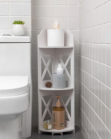 J Jinxiamu corner shelf stand front view showing tidy three-tier storage