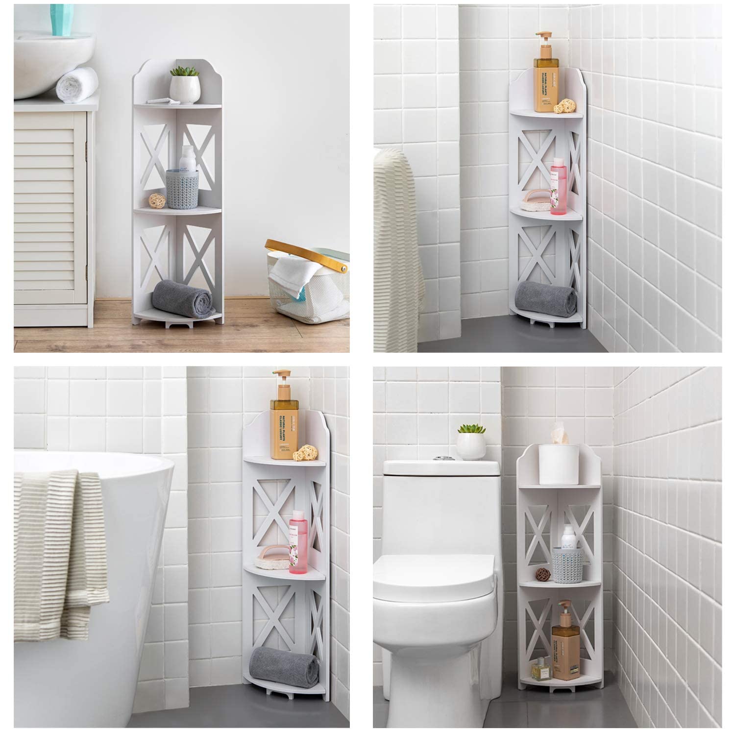 J Jinxiamu corner shelf stand side view displaying slim footprint