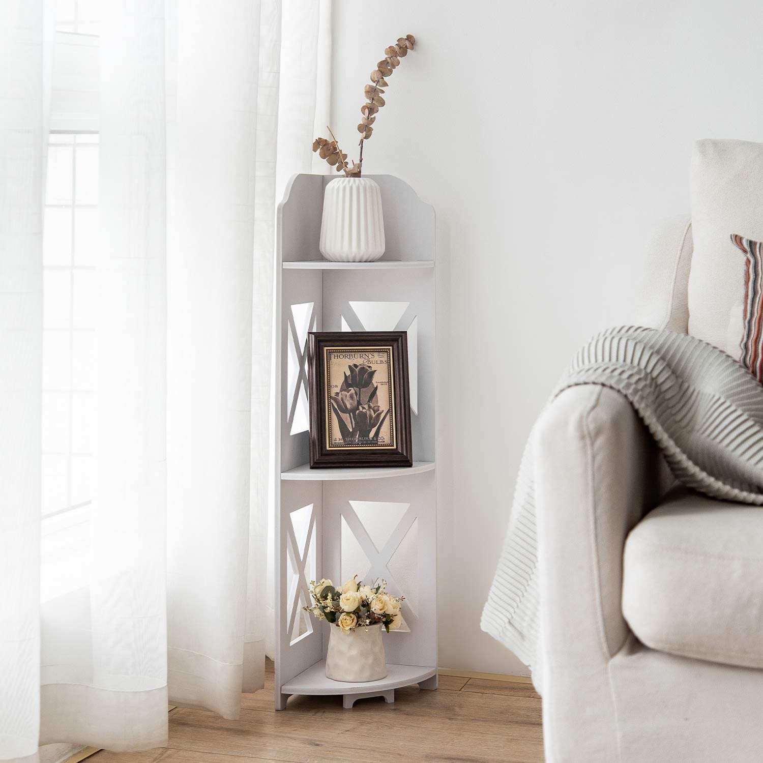 J Jinxiamu 3-tier corner shelf white top view for quick inspection