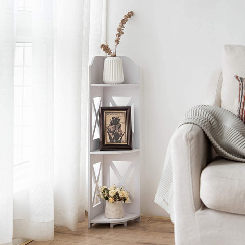 J Jinxiamu 3-tier corner shelf white top view for quick inspection