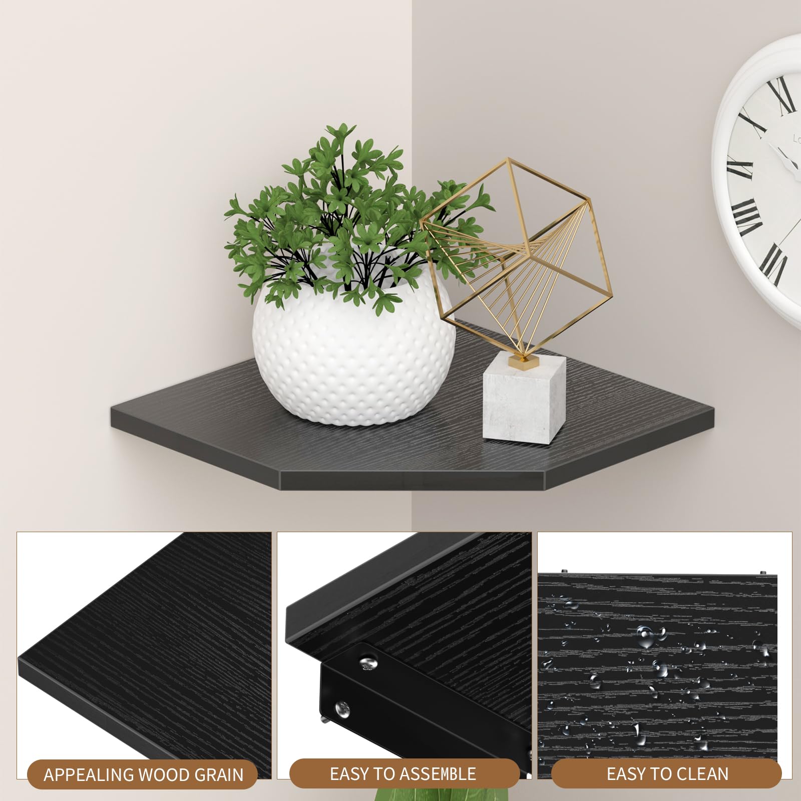  JJl corner shelves displaying decor and plants in a living room setup.