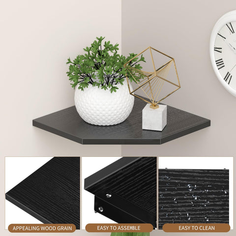  JJl corner shelves displaying decor and plants in a living room setup.