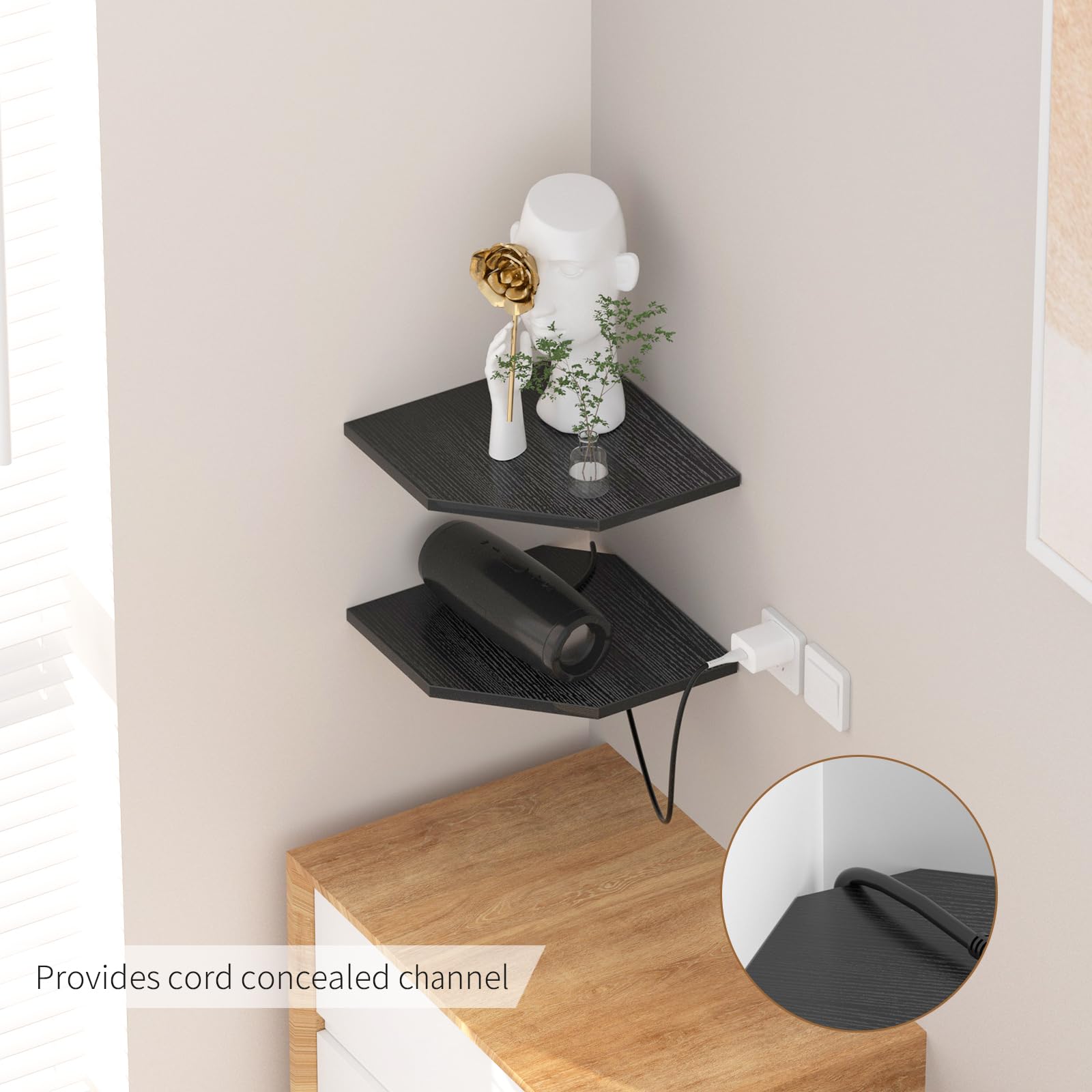 Back view of JJL corner shelves showing wire-hole design for cable management.
