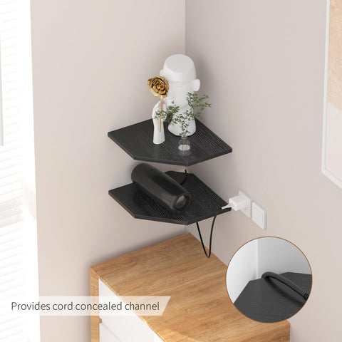Back view of JJL corner shelves showing wire-hole design for cable management.