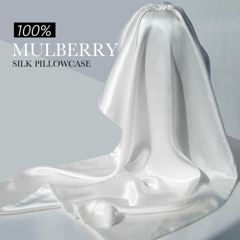 J JIMOO silk pillowcase on white bed highlighting softness and cleanliness