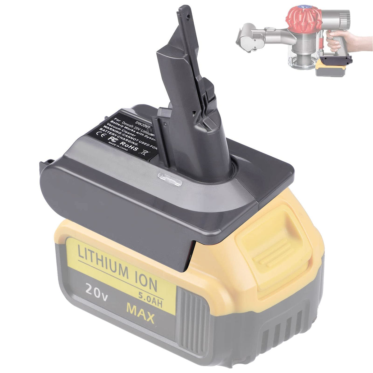 JJXNDO V7 battery adapter front view showcasing compact compatibility with DeWalt and Dyson vacuums.