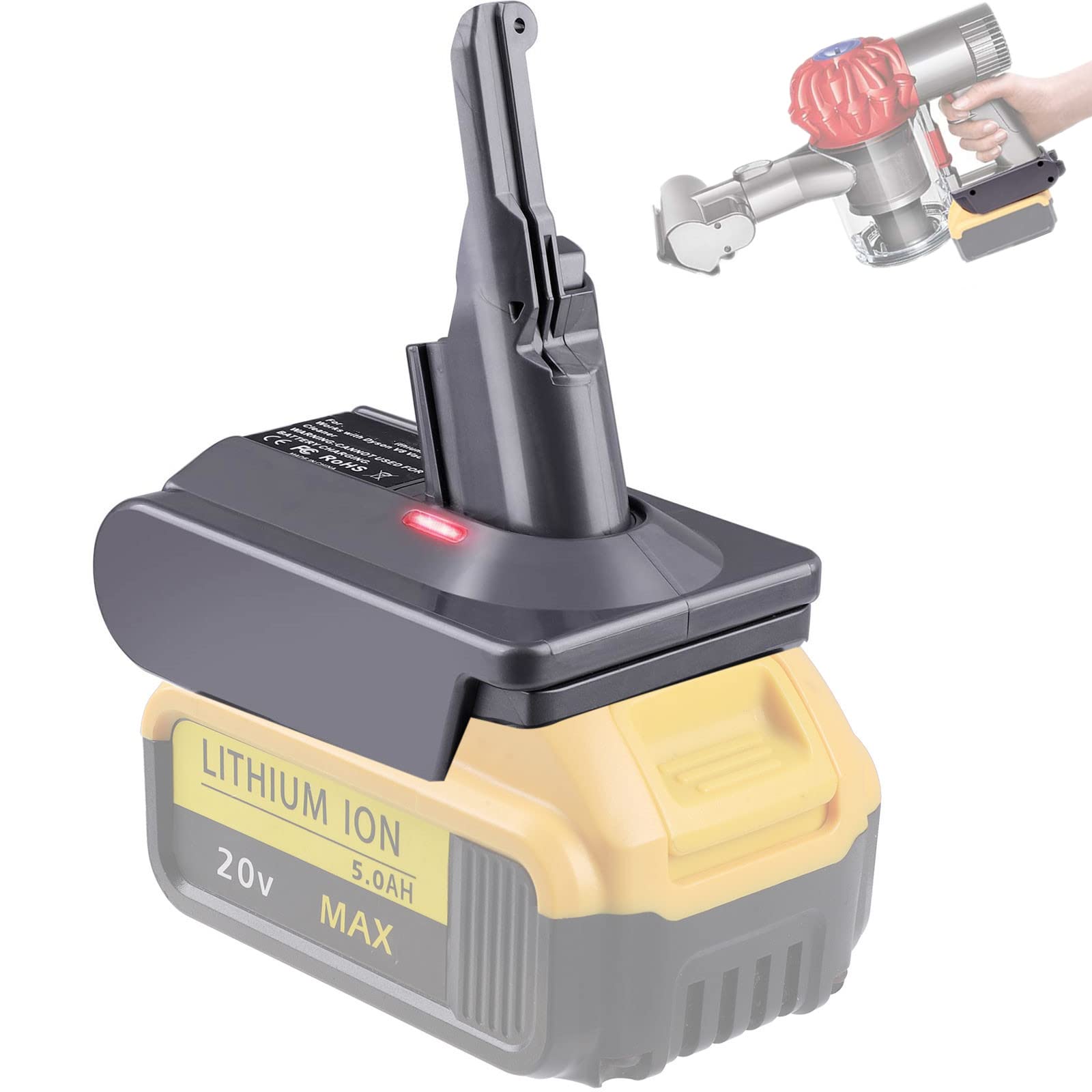 JJXNDO V8 adapter demonstrates Dyson V8 compatibility for flexible power options.
