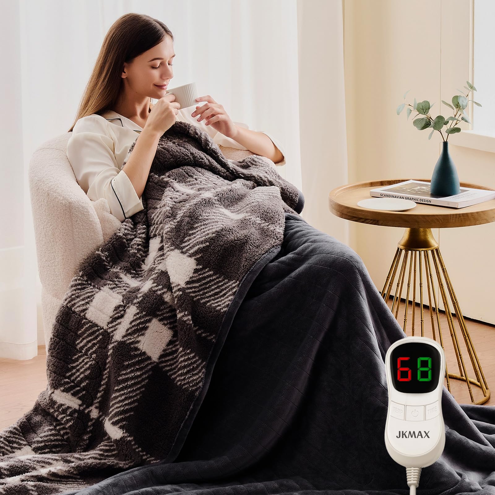 JKMAX heated blanket full-size back view highlights soft reverse side for cozy versatility