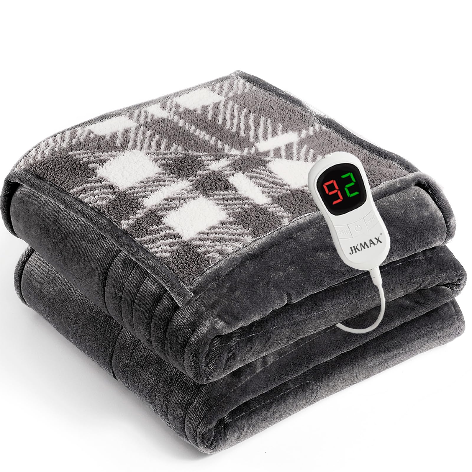 JKMAX heated blanket full-size front view shows dual-sided flannel and sherpa warmth