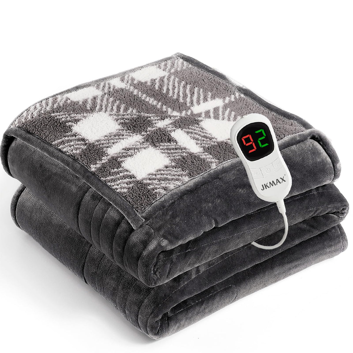JKMAX heated blanket full-size front view shows dual-sided flannel and sherpa warmth