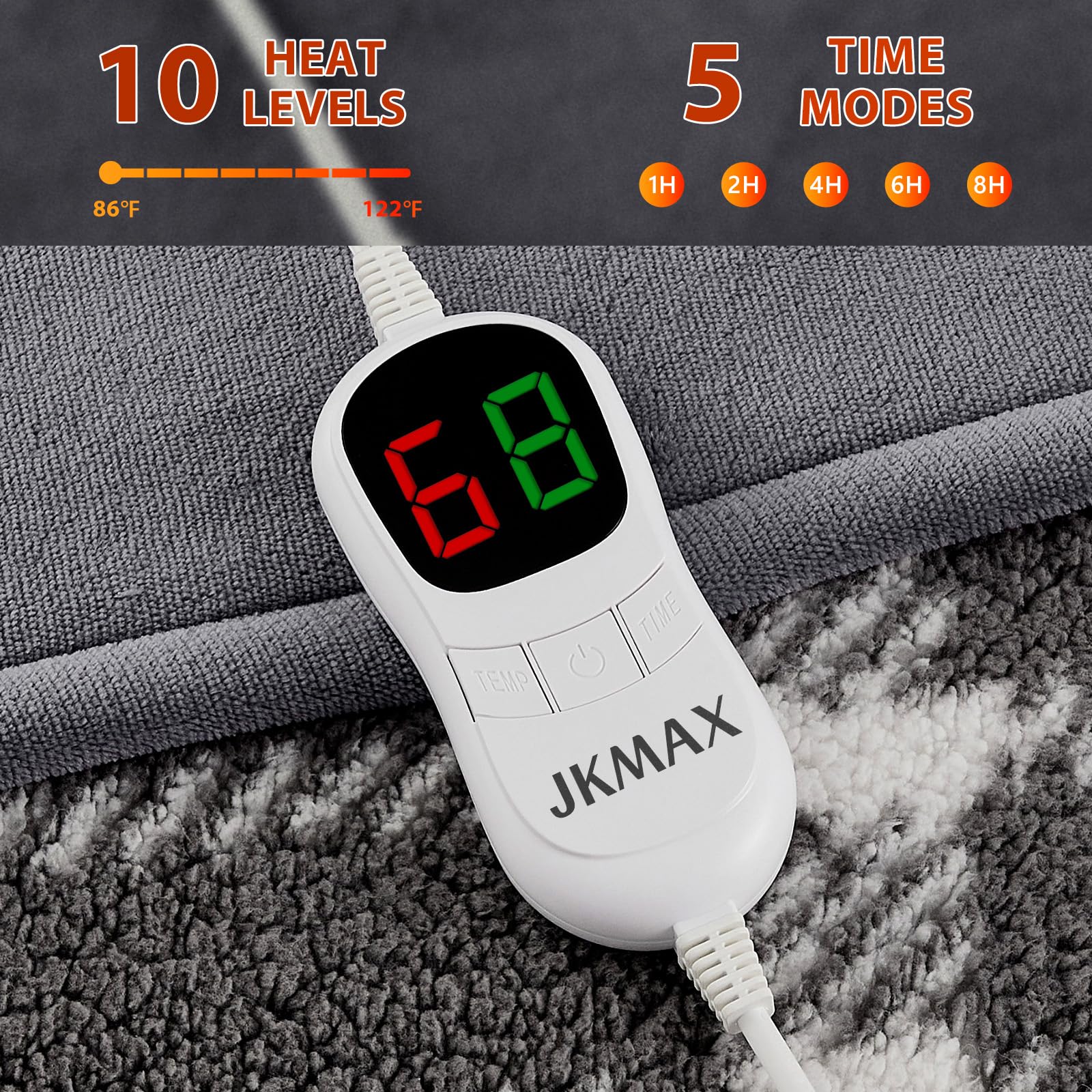 JKMAX blanket offers 10 heating levels and 5 timer settings for customizable warmth