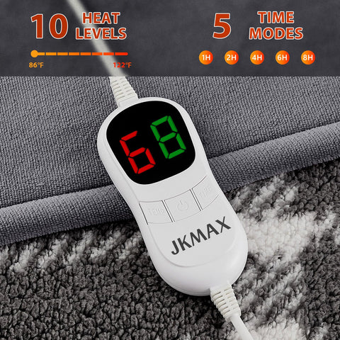 JKMAX blanket offers 10 heating levels and 5 timer settings for customizable warmth