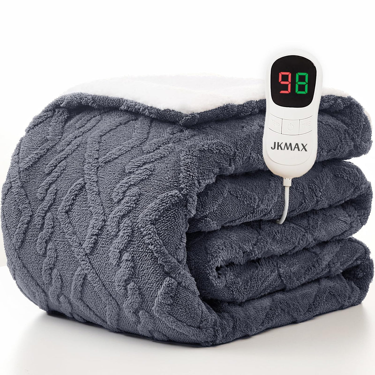 JKMAX heated blanket full-size on bed delivering consistent warmth all night